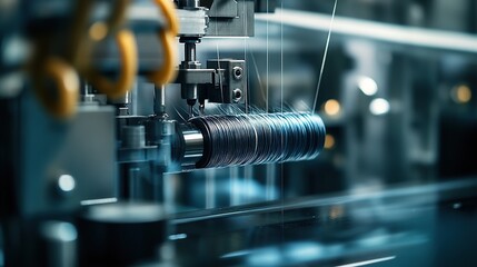Poster - Close-up of a machine spool in an industrial setting, showcasing precision engineering.