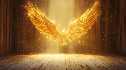 Wall Mural - majestic golden angel wings spread wide open in a wooden room with ethereal light and sparkling dust