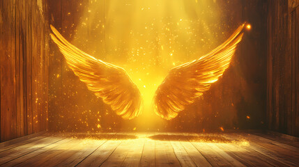 Wall Mural - majestic golden angel wings spread wide open in a wooden room with ethereal light and sparkling dust