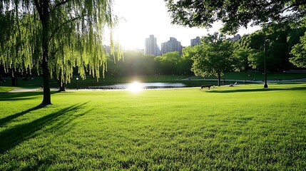 A Sunny Afternoon in a City Park with a Pond and a Bench