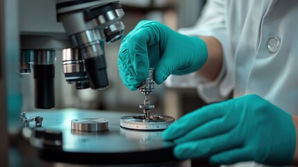 Poster - A scientist adjusts a microscope stage with precision in a laboratory setting.