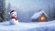 © EIKOZ - Snow-covered forest with glowing wooden cabin and snowman in Santa hat, magical holiday atmosphere.