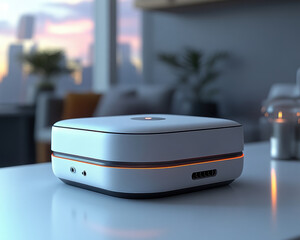 Poster - Modern Smart Home Device on Table with Sleek Design in Contemporary Interior Setting