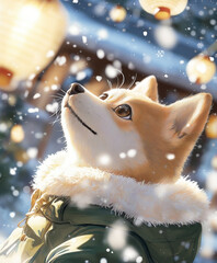 an adorable Shiba dog dressed in a snug snow jacket with fur trim, as it watches snowflakes dance in the air. The background shows a surreal winter village with softly glowing lanterns 