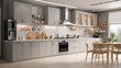 © Robiul - A luxurious home's kitchen interior with a refrigerator, cookware and cabinets