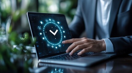 Close up of a business mans hand using a laptop