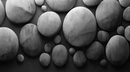 Poster - Abstract composition of various textured grey stones arranged artistically on a dark background, showcasing natural shapes and forms for design inspiration and decor concepts.