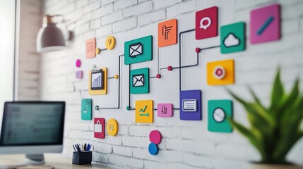 Poster - Colorful Business Concept with Infographic Elements on a Brick Wall Background in a Modern Workspace Featuring a Computer and Decorative Plant