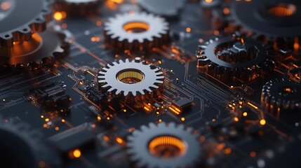 Poster - Close-up of intricate gears on a circuit board, highlighting technology and engineering.