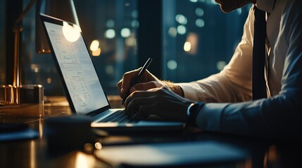 Aufkleber - A person working late at a desk, using a laptop and taking notes in a dimly lit room.