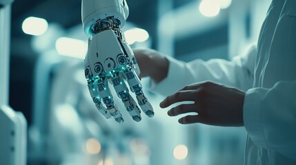 Poster - A robotic hand reaches out to interact with a human hand in a high-tech environment.