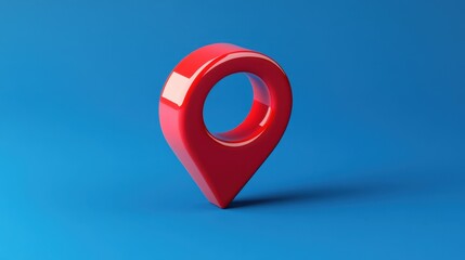 Poster - Glossy Red Location Pin with Circular Cutout on Vibrant Blue Background for Modern Navigation and Mapping Applications in Digital Design Context