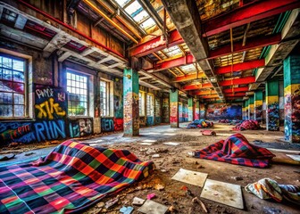 Poster - Urban Exploration Photography Featuring Bold Plaid Patterns in Abandoned Buildings, Graffiti Walls, and Urban Landscapes for a Unique Aesthetic Experience