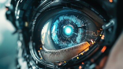 Poster - A futuristic close-up of a robotic eye with digital elements and a glowing center.