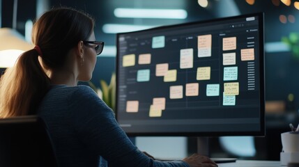 Poster - Young Female Professional Using Computer with Sticky Notes on Screen while Working in Modern Office Environment Fostering Creativity and Productivity