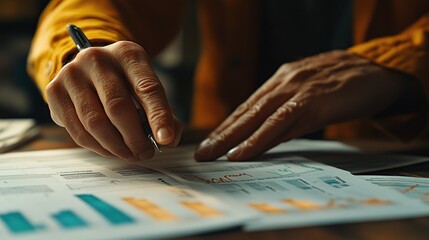 Poster - A hand writing on documents with charts and graphs, indicating analysis or planning.