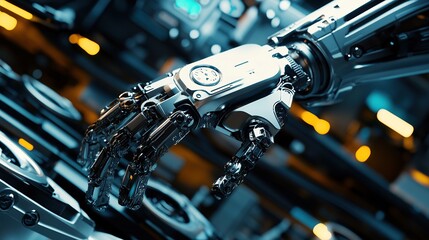 Poster - A close-up of a robotic hand interacting with machinery in a futuristic setting.
