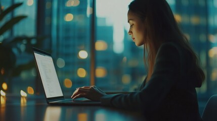 Poster - Woman Typing on Laptop in a City Setting at Night
