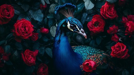 Wall Mural - A Peacock's Gaze Amidst a Garden of Crimson Roses