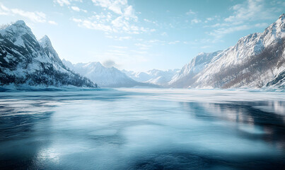 Wall Mural - empty ice surface, frozen mountain lake, winter mountains landscape with copy space
