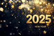 © Jearu - Glückwunschkarte für das Neue Jahr 2025, Happy New Year 2025 in goldener glamouröser Schrift mit Feuerwerk und Wunderkerzen