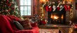 © Jittapon - Cozy and festive family friendly holiday gathering in a warm inviting living room with a crackling fireplace a fully decorated Christmas tree and Christmas hung on the mantel