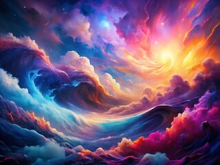 Fototapete - Vibrant Abstract Waves in Cosmic Colors: A Stunning Display of Fluid Dynamics and Cosmic Energy Captured in an Otherworldly Palette of Bright Hues and Ethereal Patterns