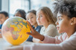 © AIRina - Close-up of children studying a globe in a classroom, emphasizing geography, curiosity, and cultural exploration in education.