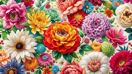 Poster - Vibrant and Colorful Large Scale Floral Blooms on a Crisp White Background for Contemporary Interior and Textile Design, Perfect for Home Decor and Fashion Applications