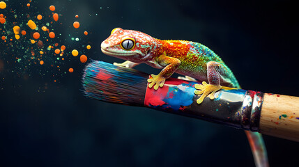 
big colorful gecko emerging from an artist s paint brush