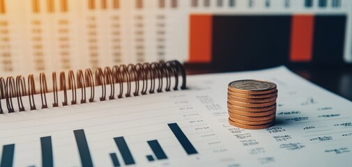 Leinwandbilder - calendar marked mortgage payments concept. A close-up of stacked coins on financial documents, highlighting graphs and charts, symbolizing investment and economic growth.