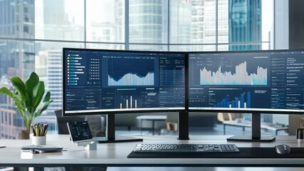 Poster - Multiple screens are displaying data and charts in a modern monitoring room. The image evokes concepts like big data, cybersecurity and business intelligence
