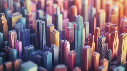 Poster - A Vibrant Aerial View of a Modern Cityscape with Skyscrapers Reflecting Sunset Colors and an Abstract Urban Environment for Visual Inspiration