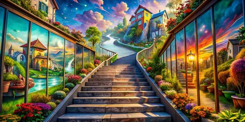 Poster - Vibrant Double Exposure Photography of Cartoon Stairs Merging with Whimsical Landscapes, Capturing an Enchanting Journey Through Colorful Imagery and Surreal Dreams