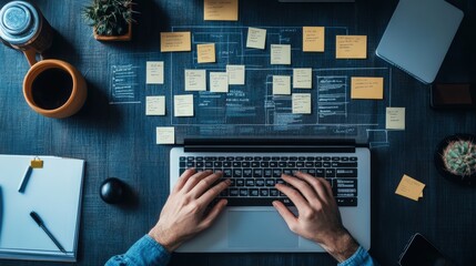 Poster - Creative Workspace with Laptop and Sticky Notes, Featuring Hands Typing, Coffee Cup, and Cactus Plant, Ideal for Productive Scenarios and Office Settings