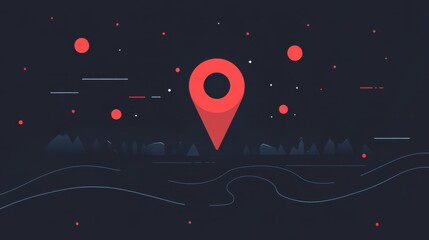 Poster - Abstract illustration of a red location pin on a dark background, surrounded by bright circles and lines, representing navigation and mapping concepts in digital design