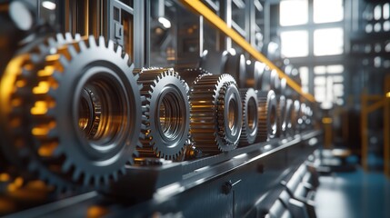Poster - A close-up view of gears in an industrial setting, showcasing machinery and engineering.