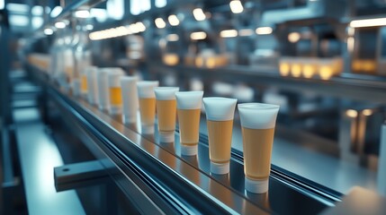 Poster - A production line displaying several cups of a beverage in a factory setting.