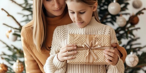 Sustainable Christmas concept. Eco-friendly christmas gifts wrapped. mother and daughter celebrating Christmas together while holding beautifully wrapped gift near decorated tree. closeup, retro color