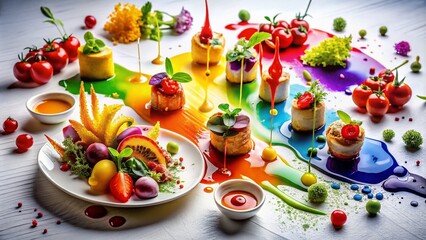 Poster - Vibrant Food Photography with Colorful Watercolor Paint Drips on a Gourmet Plate, Showcasing Artistic Culinary Presentation with Fresh Ingredients and Rich Textures