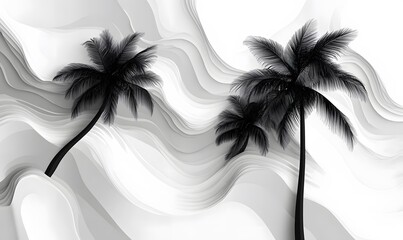 An abstract vector illustration featuring a stark black and white background with intricate palm tree shadows casting dynamic