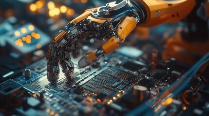 Poster - A robotic hand interacts with a circuit board, showcasing advanced technology.