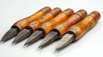 A set of five wooden-handled carving knives arranged in a row.