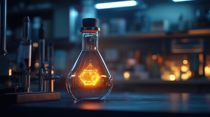 Poster - A glowing flask with a geometric shape inside, set in a dimly lit laboratory.