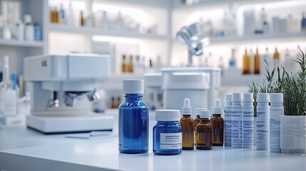 Poster - A modern laboratory workspace with various bottles and equipment for scientific research.
