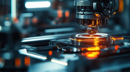 Poster - A close-up view of a precision machine working on a circular component in an industrial setting.