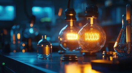 Poster - A dimly lit laboratory scene featuring glowing glass bulbs and scientific equipment.