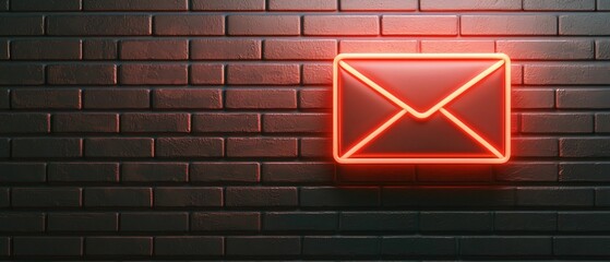 Poster - email service. a glowing neon envelope sign against a textured brick wall, representing communicatio