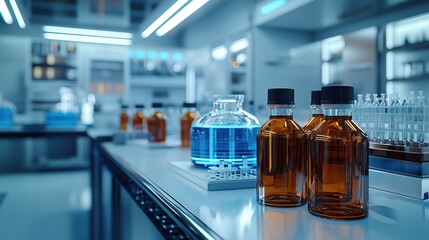 Poster - A modern laboratory setting with various glassware and amber bottles for experiments.