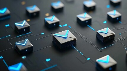 Poster - Email service. A close-up view of a digital interface featuring stylized email icons with glowing blue accents on a dark background.